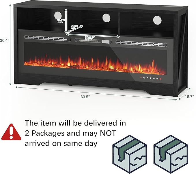 CharaVector Fireplace TV Stand with 60" Glass Electric Fireplace, Entertainment Center with Power Outlets for Up to 75" TVs, Black TV Cabinet with 3 Open Storage Cabinets, TV Console for Living Room