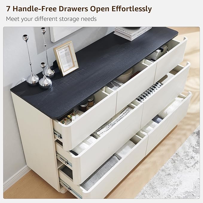 Modern 7 Drawer Dresser for Bedroom, 52" Wide Handleless Chest of Drawers, Push-to-Open Large Wood Storage, Dresser TV Stand for Bedroom, Living Room, Hallway, Curved Profile, White