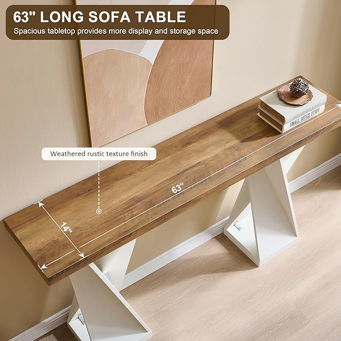 OKD Modern Entryway Table, 63" Twisted Console Table with Wood Pedestal, Farmhouse Sofa Table with Storage, Rustic Entry Table Tor Living Room, Entryway, Hallway, Antique White