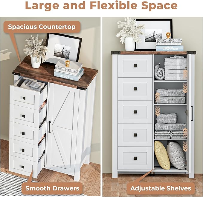 Farmhouse Dresser Storage Cabinet Chest of Drawer for Bedroom, 5 Drawer Dresser with Barn Door, 48 Inch Tall White Wood Dresser, Adjustable Shelves, Rustic, for Living Room, Entryway, Hallway