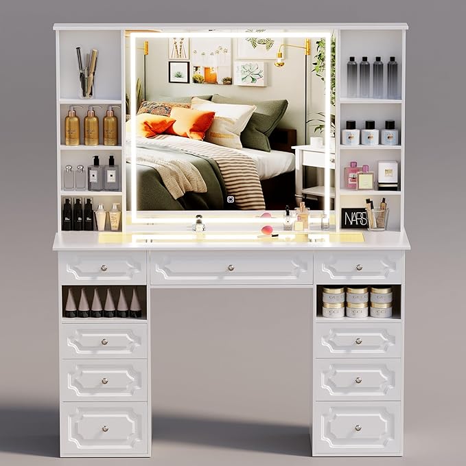 Extra Large Vanity Desk with Lighted Mirror, Makeup Vanity with Glass Top, White Vanity Table with 9 Drawers, Tall Vanity Dresser with Crystal Ball Knobs (European Style)