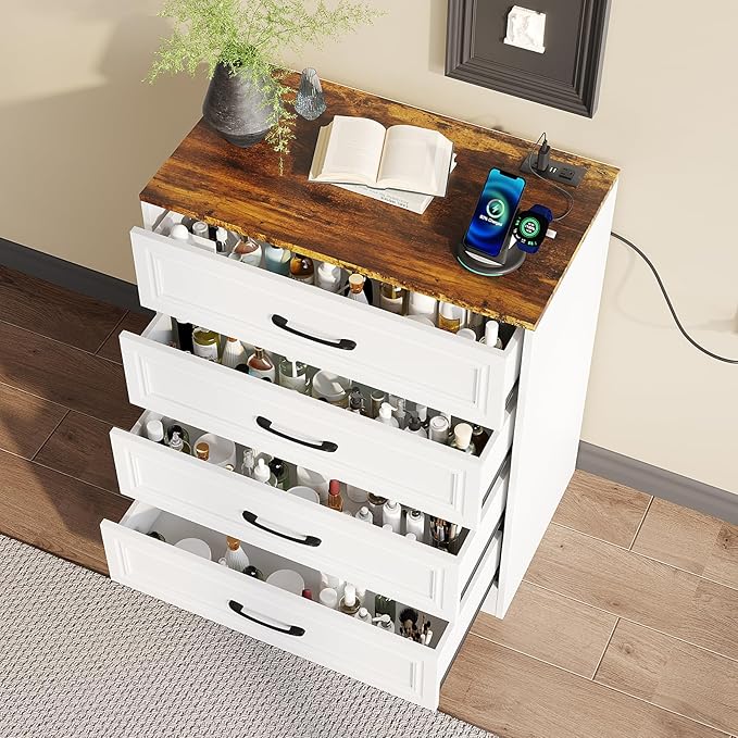Fameill Dresser for Bedroom, 4 Drawer Small Dresser Organizer with Charging Station for Livingroom, Chest of Drawers with Metal Handles, Farmhouse White