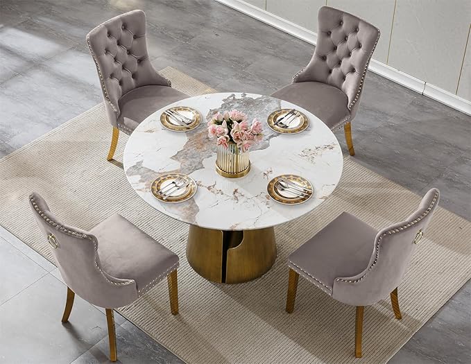 5-Piece Faux Marble Round Dining Table Set for 4, Modern Luxury Kitchen Table Set for 4 with Grey Tufted Chairs,Circle Dining Tables with Pandora Grain Top and Bronze Pedestal Base