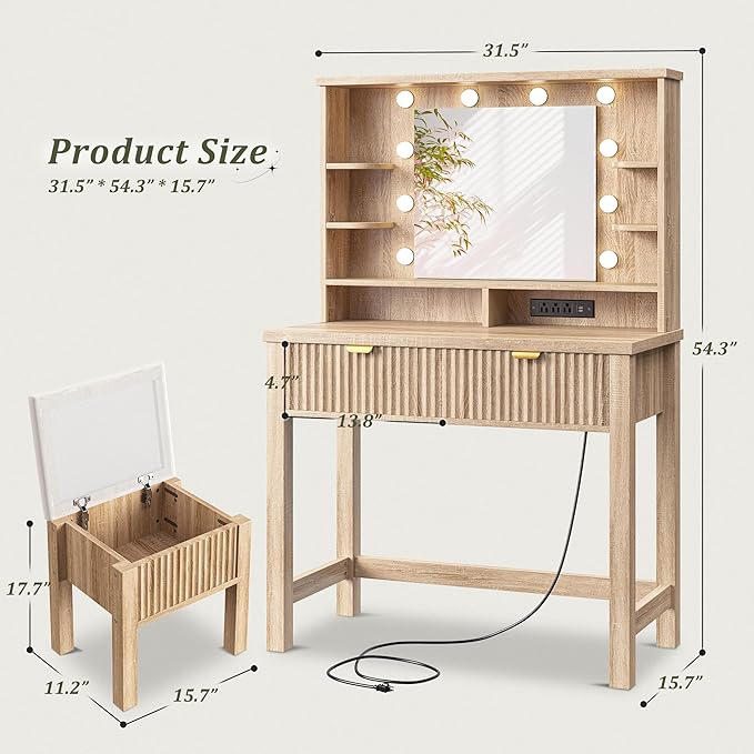 Vanity Desk with HD Mirror and 3-Color Adjustable Lights, Fluted Makeup Vanity with Storage Stool, 2 Large Drawers & Charging Station, Small Vanity for Women's Bedroom, Dressing Room, Oak