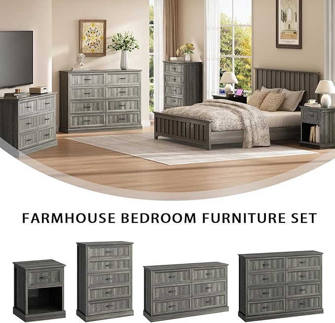 CARPETNAL Farmhouse 8 Drawer Dresser for Bedroom, 55 Inch Wide Modern Grey Dresser TV Stand with Large Drawers & Bar Handles, Rustic Wood Chest of Drawers for Bedroom, Living Room, Hallway, Entryway.