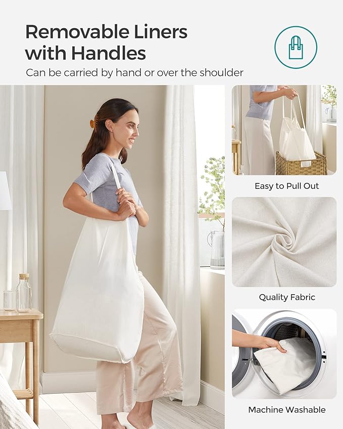 SONGMICS Laundry Hamper with Lid, 130L Clothes Hamper with 2 Removable Liner Bags, 6 Mesh Bags, Wicker Laundry Basket, Double Laundry Hamper for Bathroom, 13 x 26 x 23.6 Inches, Natural ULCB253N01