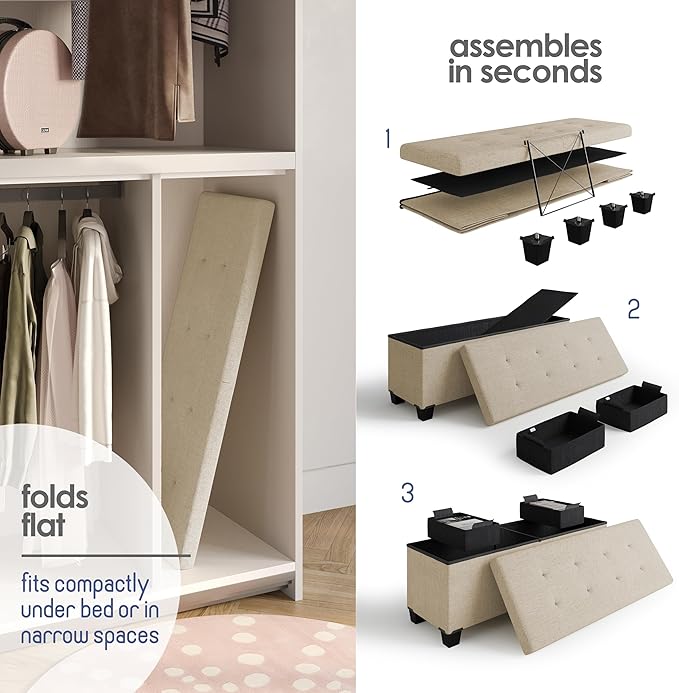 STORAGEBUD Storage Ottoman Bench with Bins, 43-in Storage Bench for Bedroom End of Bed, Folding Foot Rest Ottoman for Living Room Max 660lbs, Fabric Ottomans, Beige