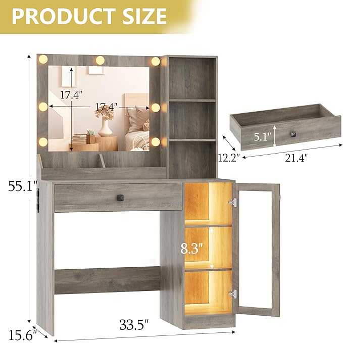 Vanity Desk with Mirror and Lights, Small Makeup Vanity Table with RGB Storage Cabinet & Power Strips & Shelves, 3 Lighting Modes & Adjustable Brightness, Dressing Table for Women Girls Bedroom, Grey