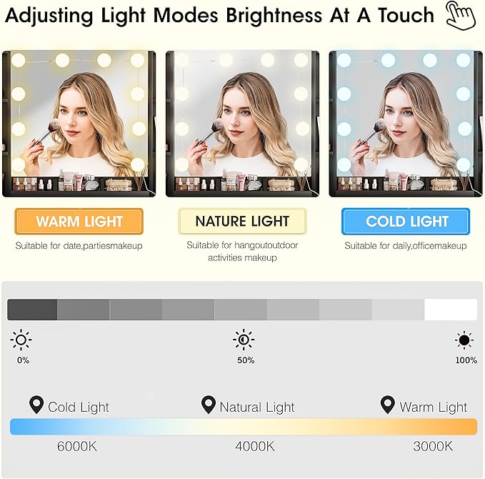 Makeup Vanity Table with Lighted Mirror & Outlets, Large Vanity Set Vanity Desk with Lots of Storage, 9 Drawers, 3 Lighting Modes Brightness Adjustable, 45inch