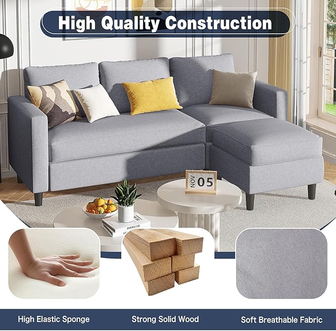 Shintenchi Small Sectional Couch Sofas, 3 Seat L Shape Sofa with Ottoman, Fabric Upholstered Convertible Sofa Couches, Small Couch for Apartments and Office (Light Grey)