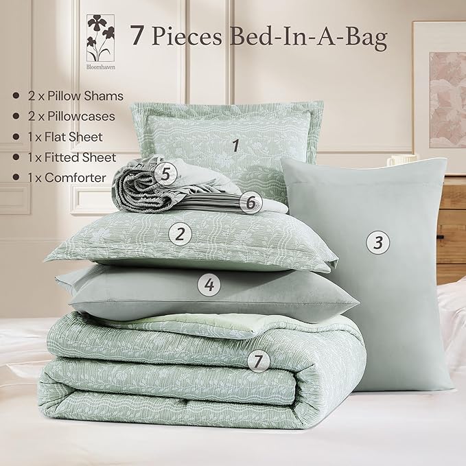 Queen Comforter Set -7 Pieces Green Floral Comforter Set for All Seasons, Bed in a Bag Queen with Botanical Flowers Comforter, Sheets, Pillowcases & Shams