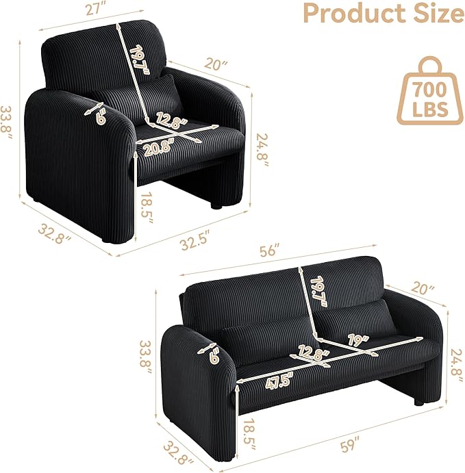 Corduroy Accent Living Room Sets, Modern Upholstered Love Seat with 2 Accent Chairs, Wide Comfy Leisure Chair Sets for Bedroom, Office, Black
