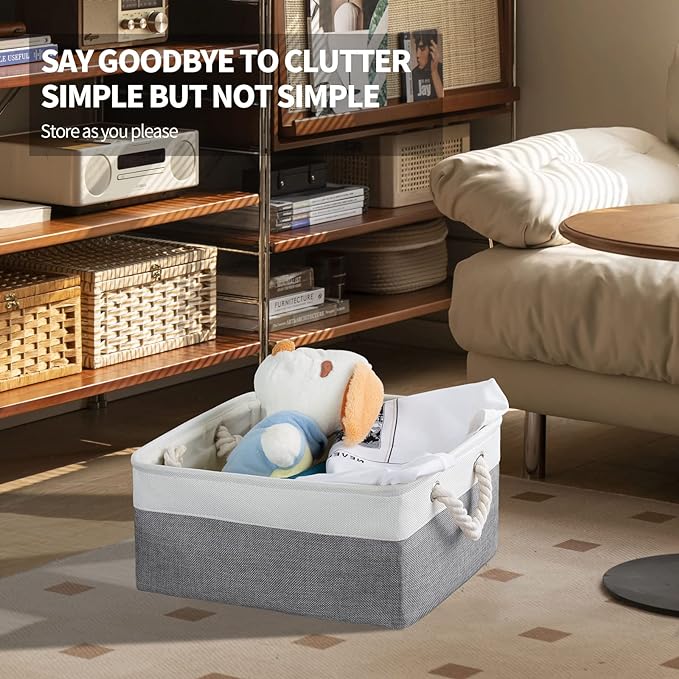 Storage Basket Bins 8 Pack Storage Baskets for Shelves - Decorative Baskets Fabric Storage Cubes Containers W/Handles for Clothes Storage Books, Home, Garage, Office, Bedroom, Parlor, Car (Grey/White)