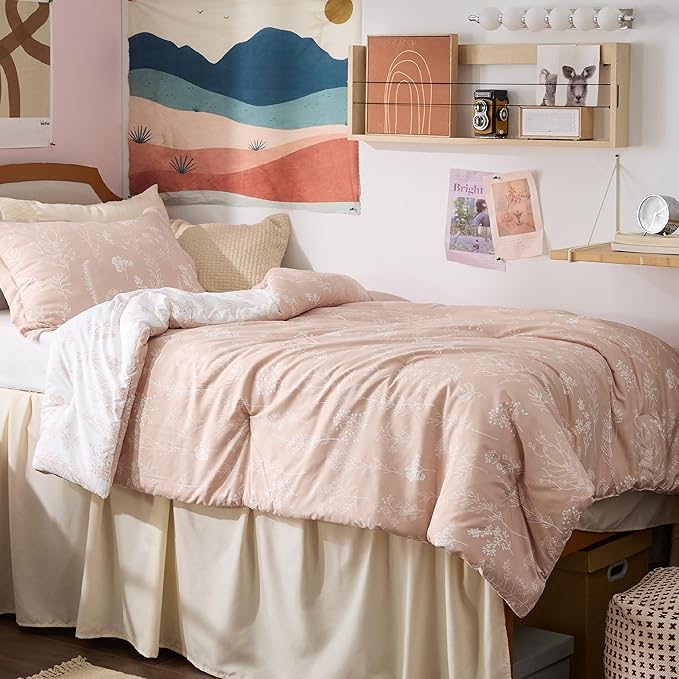 Bedsure Twin/Twin XL Comforter Set - Dusty Rose Bed Set, 2 Pieces Cute Floral Bedding, 1 Soft Reversible Botanical Flowers Comforter and 1 Pillow Sham