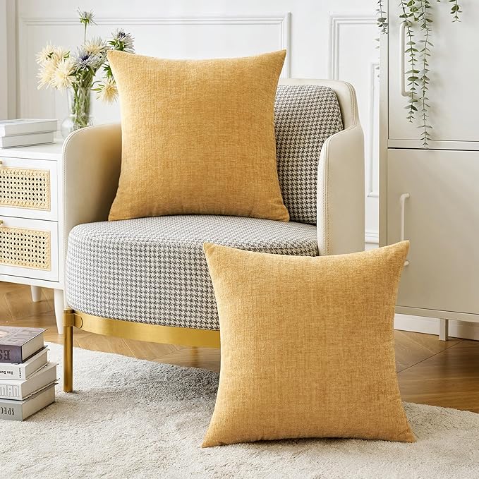 MIULEE Pack of 2 Couch Throw Pillow Covers 16x16 Inch Soft Gold Chenille Pillow Covers for Sofa Living Room Solid Dyed Pillow Cases