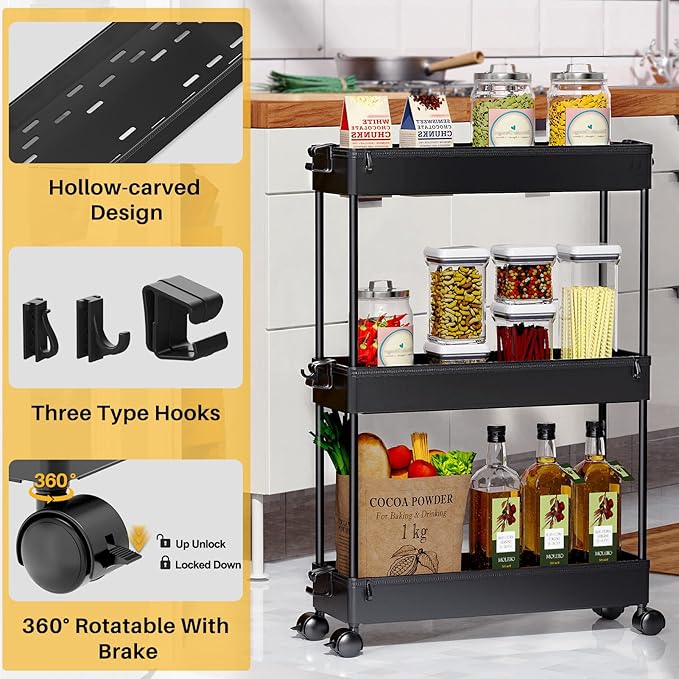 SPACEKEEPER Slim Rolling Storage Cart, 3 Tier Bathroom Storage Organizer Laundry Room Utility Cart Mobile Shelving Unit, Multi-Purpose for Kitchen Office Bathroom Laundry Narrow Places, Black