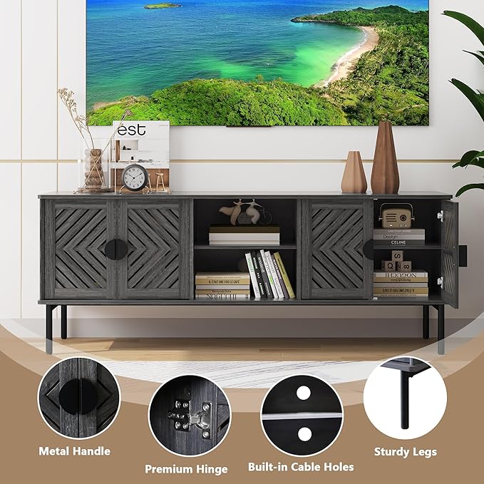 ARTPOWER 63" Modern TV Stands for Living Room, Long Entertainment Center with Storage, TV Console for 55 60 65 70 Inch TV, Bedroom TV Cabinet with Doors, Wood Media Console, Television Stand, Grey