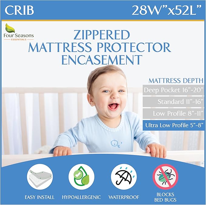 Crib Mattress Protector Waterproof - Zippered Encasement Cover for Baby, Toddler (Crib Size - 28x52x6) White