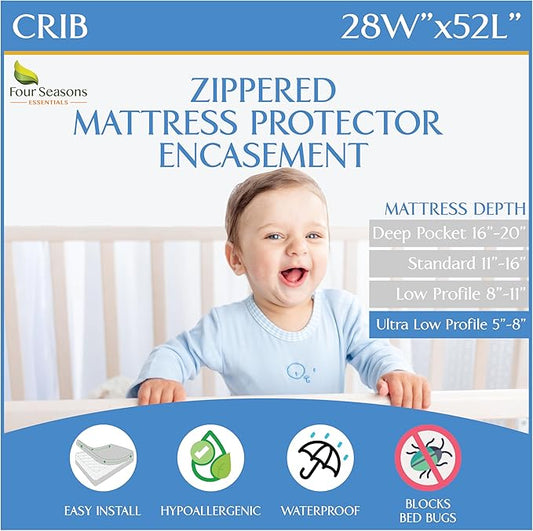 Crib Mattress Protector Waterproof - Zippered Encasement Cover for Baby, Toddler (Crib Size - 28x52x6) White