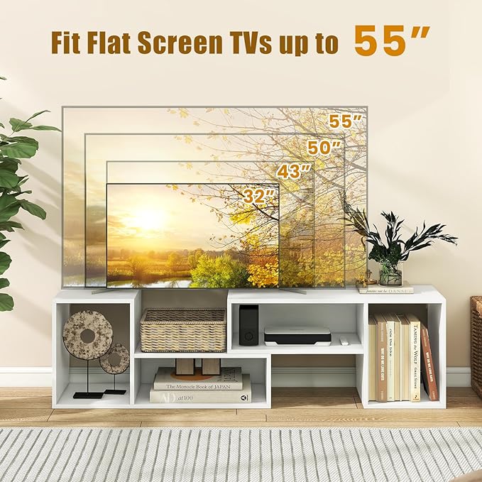 GOFLAME 2 Pieces TV Stand, Modern Entertainment Center for TVs up to 55 Inches, Free Combination Bookcase for Storage & Display, TV Console Table for Living Room, Bedroom, White