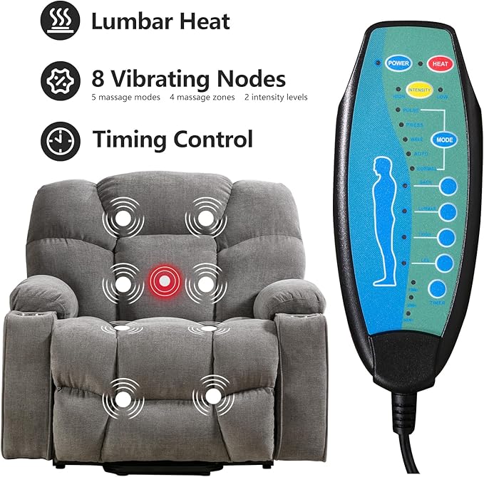 CANMOV Oversized Power Lift Recliner Chair for Elderly, Big and Tall Electric Recliner Chair with Massage and Heating, Dual Motor Heavy Duty Lift Recliner with USB Port, Cup Holders, Pockets, Grey