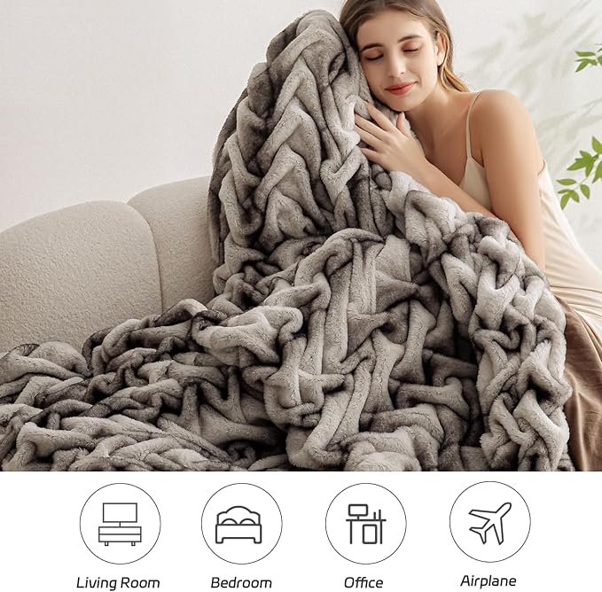 Sculpted Faux Fur Twin Blanket- Twisted Texture Luxury Plush for Couch & Bed, Thick Tie-Dye Gray with 3D Embossed Design, Ultra Soft Winter Fleece, 60"x80" Home Decor