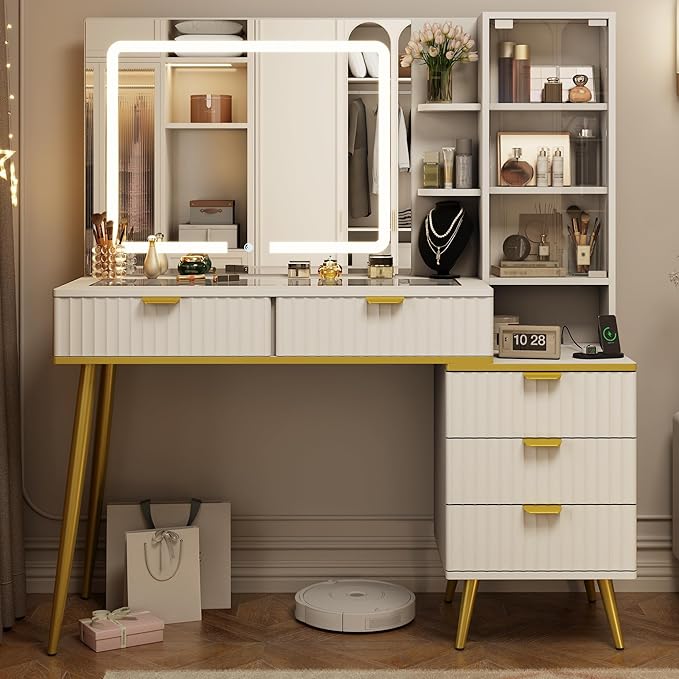 Vanity Desk with Mirror and Lights, Fluted Makeup Vanity with Glass top, 48" Big Modern Vanity with 5 Drawers & Glass Cabinet, White Vanity with 3 Lighting Modes for Bedroom