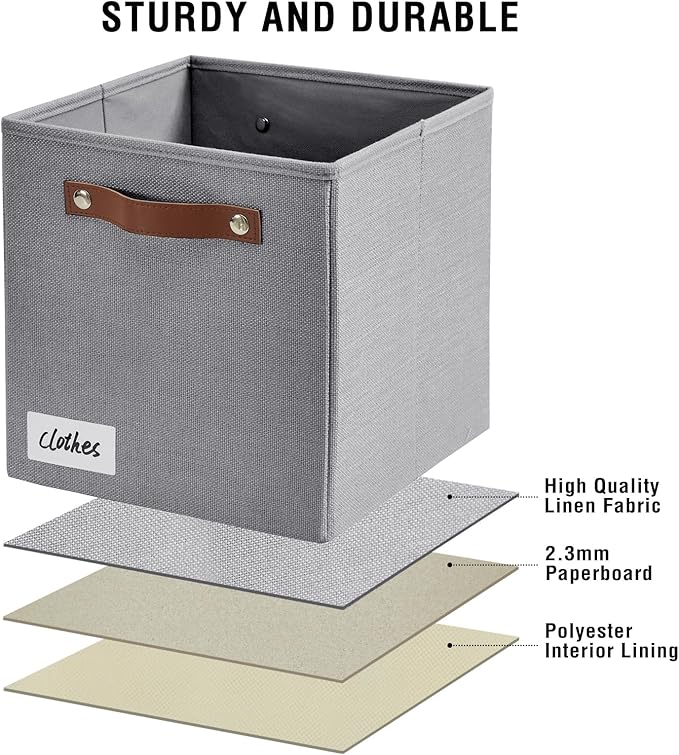 Collapsible Fabric Storage Cube Bins with 2 Reinforced PU Handles, Foldable Storage Organizer Baskets for Closet, Shelves, Living Room | 11"x11"x11", 4 Pack, Full Gray
