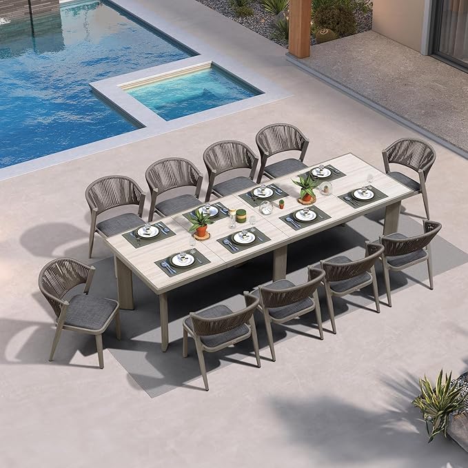 PURPLE LEAF 11-Piece Patio Dining Set Outdoor Furniture Rectangular Table and Chairs Set with Aluminum Frame and Wicker Rattan for Garden Deck Backyard Kitchen Gray Outdoor Set