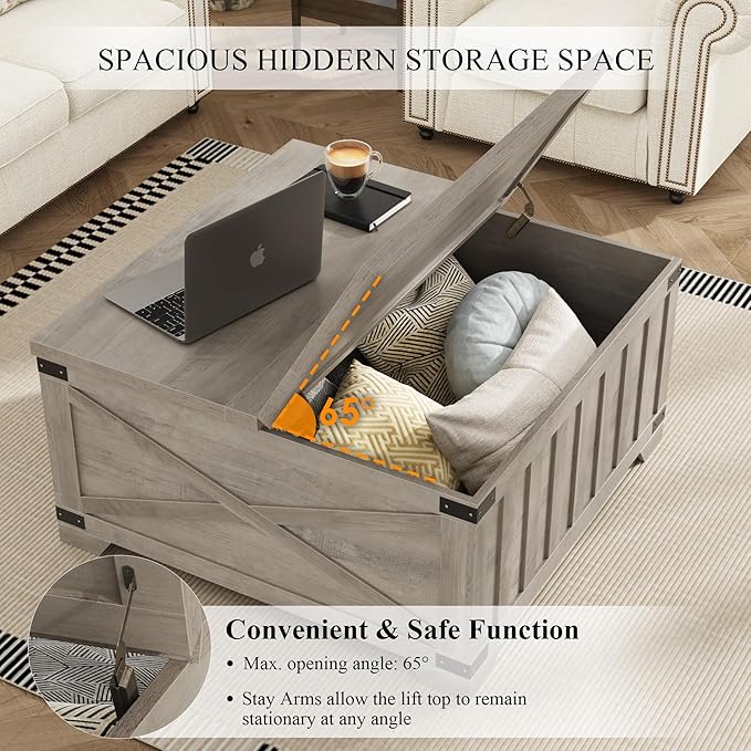 HOSTACK Farmhouse Coffee Table with Storage, 35.4" Square Center Table with Hinged Lift Top, Vintage Wood Cocktail Table with Thickened Top for Living Room, Home (Ash Gray)