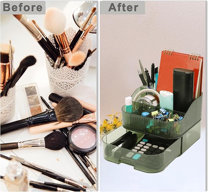 VOCOSTE 1 Set Makeup Organizer with Stackable Drawer, 7 Grids Makeup Organizer for Countertop Vanity, Skincare Organizers Cosmetic Display Cases for Lotions Lipsticks Brushes, Green