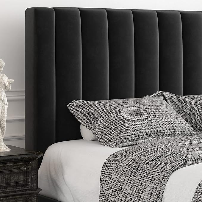 Allewie King Bed Frame/Velvet Upholstered Bed Frame with Vertical Channel Tufted Headboard/Strong Wooden Slats/Platform Bed Frame/Mattress Foundation/Box Spring Optional/Easy Assembly/Black