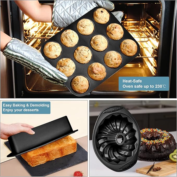 9in1 Nonstick Silicone Baking Bundt Cake Pan Cookie Sheet Molds Tray Heat Resistant Bakeware Tools Kit for Muffin Loaf Bread Pizza Cupcake Utensil