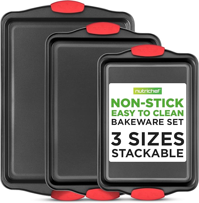 NutriChef Nonstick Baking Pans Set – 3-Piece Carbon Steel Cookie Sheet Set with Red Silicone Handles, Small, Medium, Large Stackable Trays, Oven and Dishwasher Safe Design for Cakes, Cookies and More