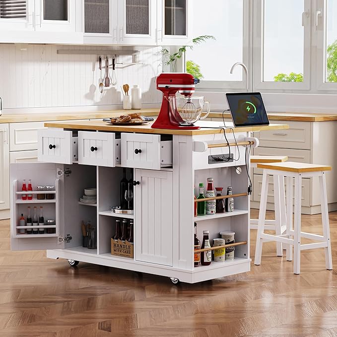 Large Kitchen Island Cart on 5 Wheels with Power Outlet, Drop Leaf, 3 Drawers, Kitchen Storage Cart with 5 Open Side Racks for Kitchen, Dining Room, Home Bar White
