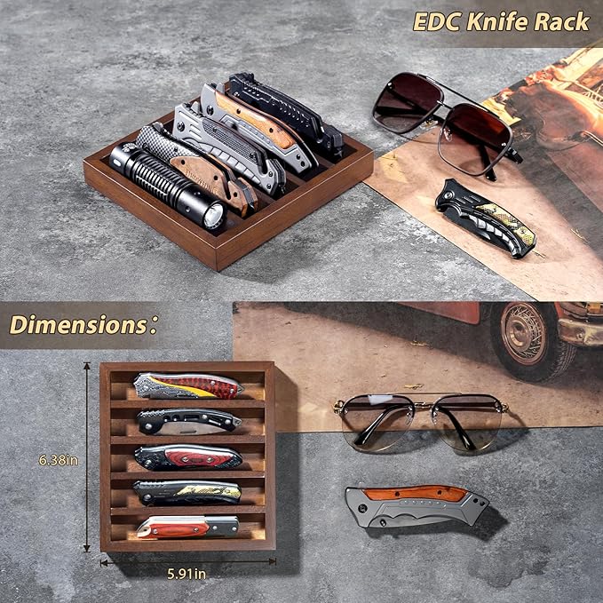 Knife Display Case Knife Holder for Pocket Knife Case Storage, Edc Tray Fits Edc Flashlight (Walnut,1 Pack)