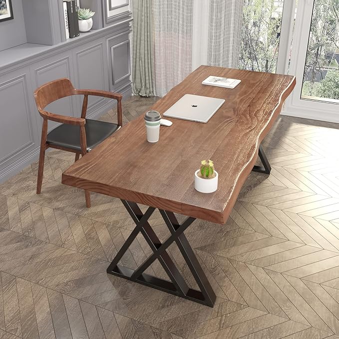 Solid Wood Computer Desk Study Office Desk 55" Writing Desk, Modern Simple Style PC Table, Black Metal Frame, Solid Wood Planks 55" D x 27" W x 29" H for Home Office Bedroom,Rustic Brown