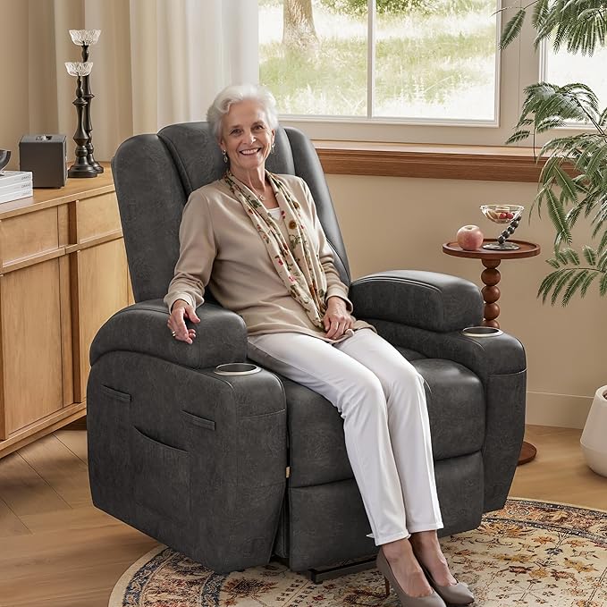 Power Lift Recliner Chair with Massage Electric Lift Chair for Elderly, Ergonomic Recliner with Cup Holders & Side Pockets, Modern Single Sofa for Living Room (Leathaire, Deep Gray)