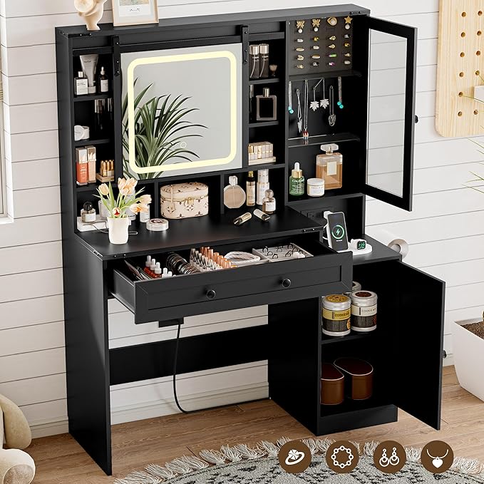 Black Vanity Desk with Mirror and Lights, Farmhouse Makeup Vanity Desk with Lighted Mirror & Power Outlet, RGB Glass Cabinet, Makeup Dressing Table with 3 Lighting Modes for Bedroom