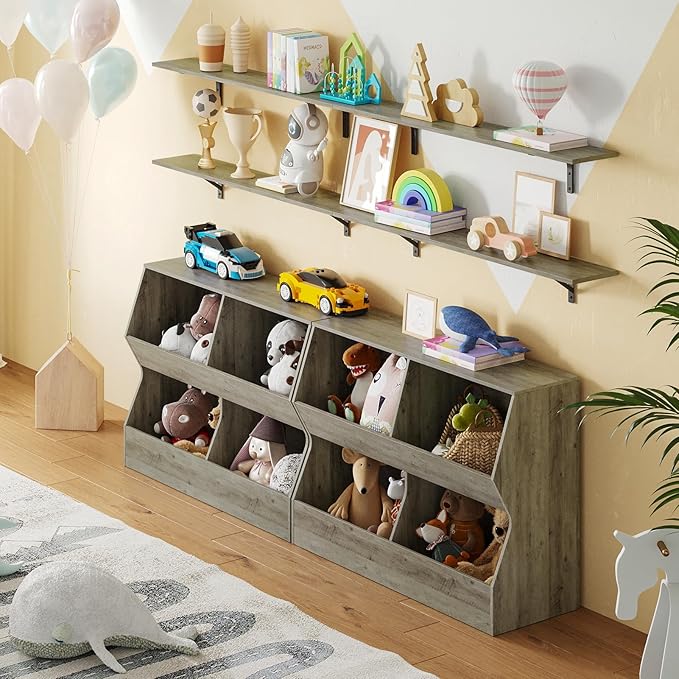 DINZI LVJ Kids Bookshelf, Toy Storage Organizer, Wooden Toy Storage Cabinet, 4 Cubby Children Bookcase, 39.4" L Toddler Book Shelf for Bedroom, Nursery, Hallway, School, Gray Wash
