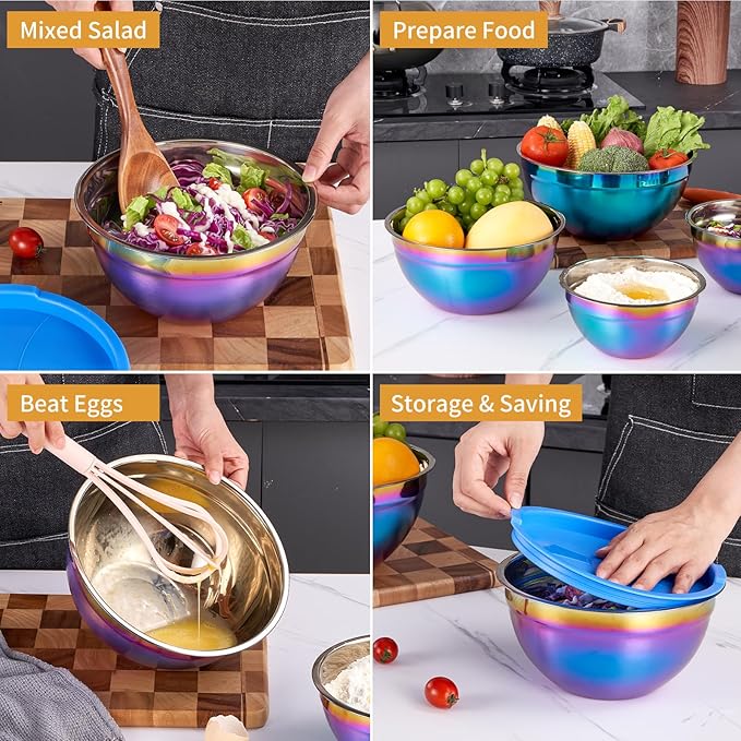 Rainbow Mixing Bowls With Airtight Lids,Stainless Steel Bowl,Salad Bowls 4 Piece Colorful Nesting Bowl Rainbow Kitchen Accessories,Size 5.5,3.6,2.1,1.5 QT Stackable Design
