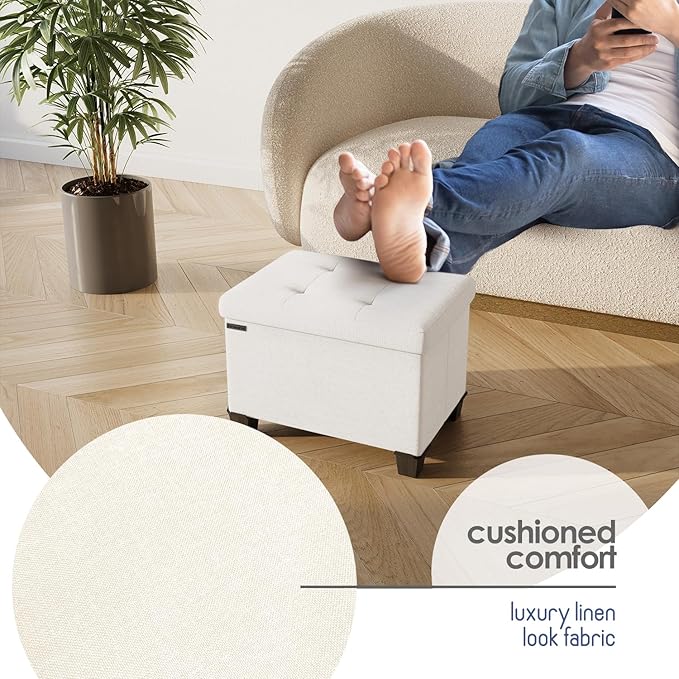 STORAGEBUD Storage Ottoman Cube with Small Bin, 16-in Square Ottoman with Storage for Living Room and Bedroom, Small Ottomans Foot Rest, Fabric Foot Stools Ottomans Max 330lbs, Cream