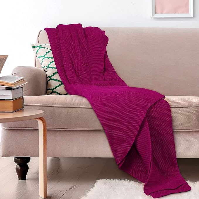 PiccoCasa 100% Cotton Knit Throw Blanket,Solid Lightweight Decorative Throws and Blankets,Soft Knitted Throw Blanket for Sofa Couch, Fuchsia 50" x 60"