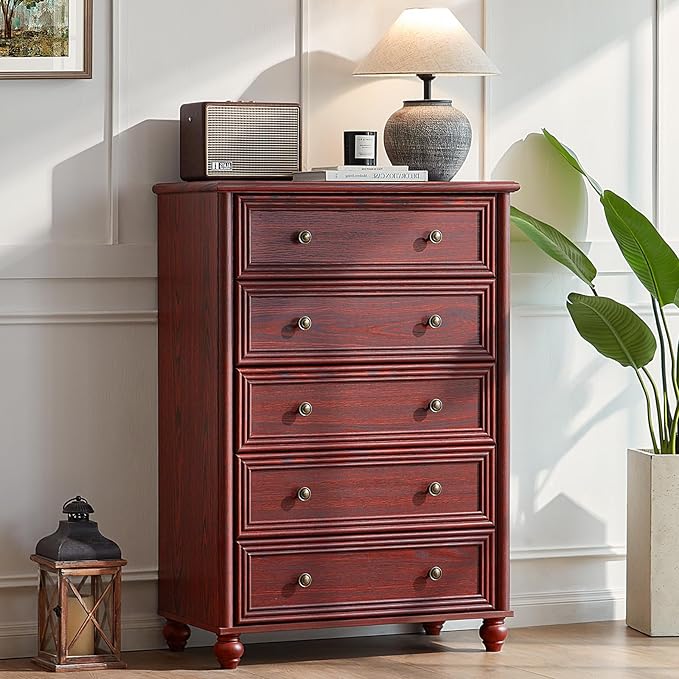 Farmhouse Dresser for Bedroom Set of 2, 5 Drawers Wood 45" Tall Chest of Drawers, Dresser Rustic Storage Dressers Organizer with Metal Handle Closet for Living Room, Hallway Entryway