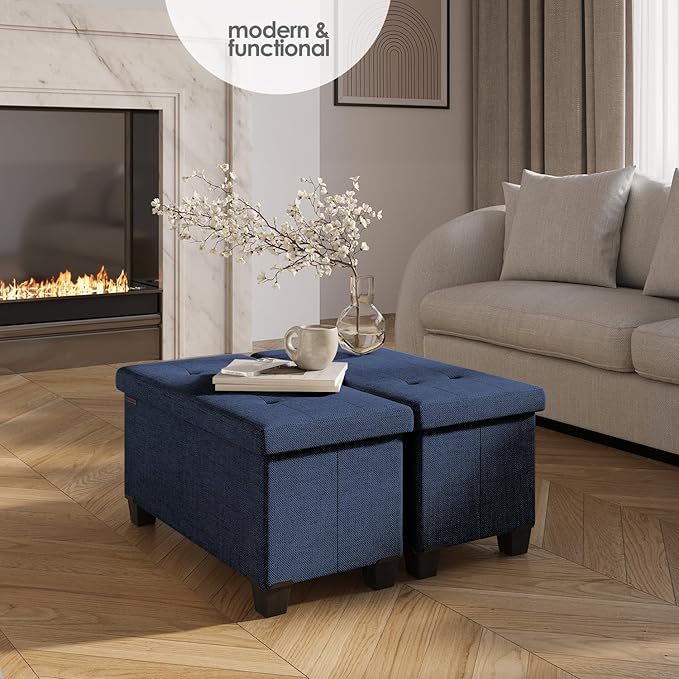 STORAGEBUD Storage Ottoman Bench with Bins, 30-in Storage Bench for Bedroom End of Bed, Folding Foot Rest Ottoman for Living Room Max 660lbs, Fabric Ottomans, Blue