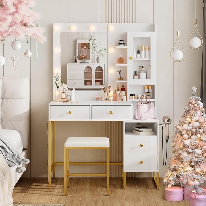 KAMABOKO Vanity Desk with Mirror, LED Lights and Power Outlet, Makeup Vanity Table with Glass Display Cabinet and 4 Drawers, Dressing Table with Stools for Bedroom (White)