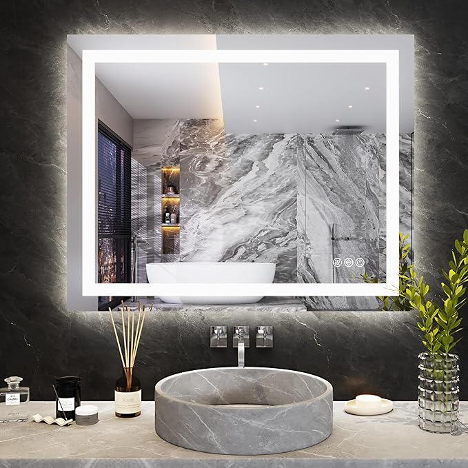 Antok 32"x 40" LED Bathroom Mirror with Lights, Anti-Fog, Dimmable, Lighted Vanity Mirror with Tempered Glass, Memory Function, 3 Light Modes, Safe Use, Horizontal, Vertical