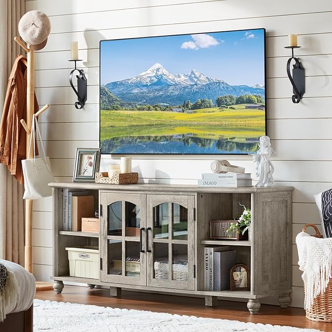 Farmhouse TV Stand for 60 Inch TV, Wood Entertainment Center with Adjustable Shelves & Glass Door Storage Cabinet,Television Stands for 65" TVS,TV Console Table for Living Room,Bedroom,Grey