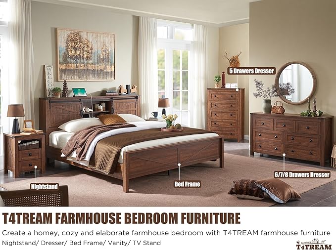 T4TREAM Farmhouse 5 Drawers Dresser Chests for Bedroom, Wood Rustic Tall Chset of Drawers,Dressers Organizer for Bedroom, Living Room,Hallway, Reclaimed Barnwood