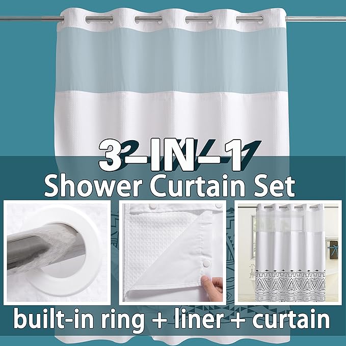 Conbo Mio No Hook Waffle Weave Shower Curtain with Snap in Liner Set, Hotel Luxury Boho Shower Curtains for Bathroom with See Through Top Window, Waterproof, Washable 71W x 74H White